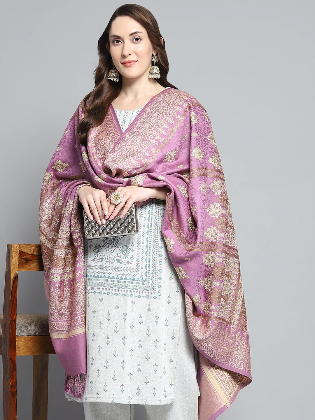 Women Purple Self Design Shawl - Image 6