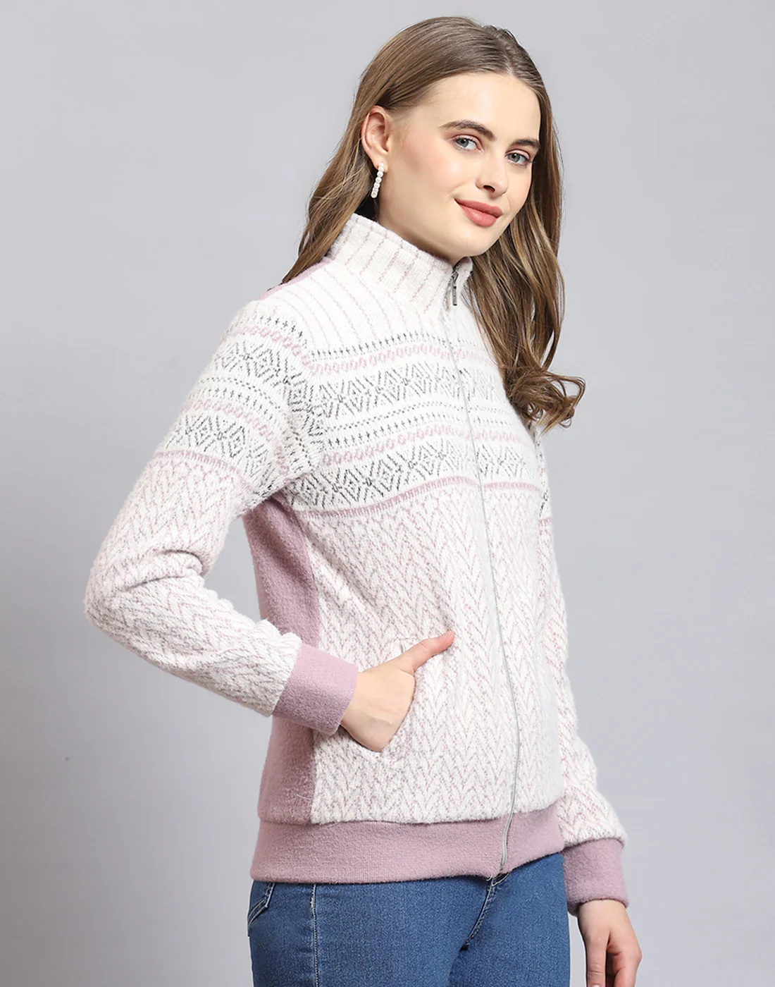 Women Purple Self Design Stand Collar Full Sleeve Sweatshirt - Image 5