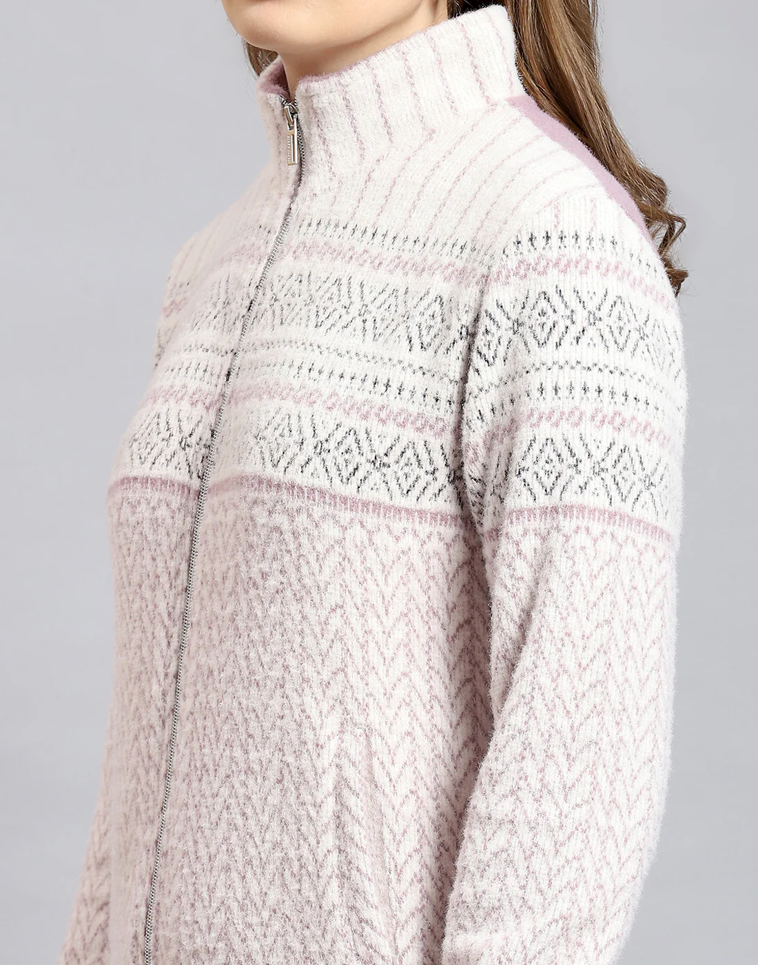 Women Purple Self Design Stand Collar Full Sleeve Sweatshirt - Image 6