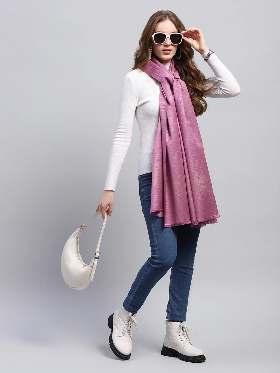 Women Purple Self Design Stole - Image 2
