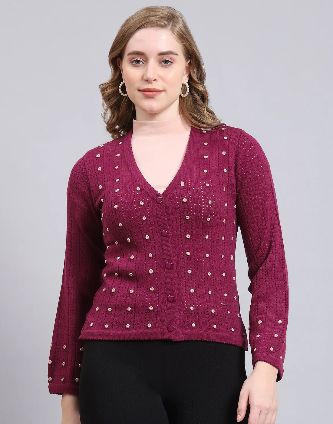 Women Purple Self Design V Neck Full Sleeve Cardigan - Image 2