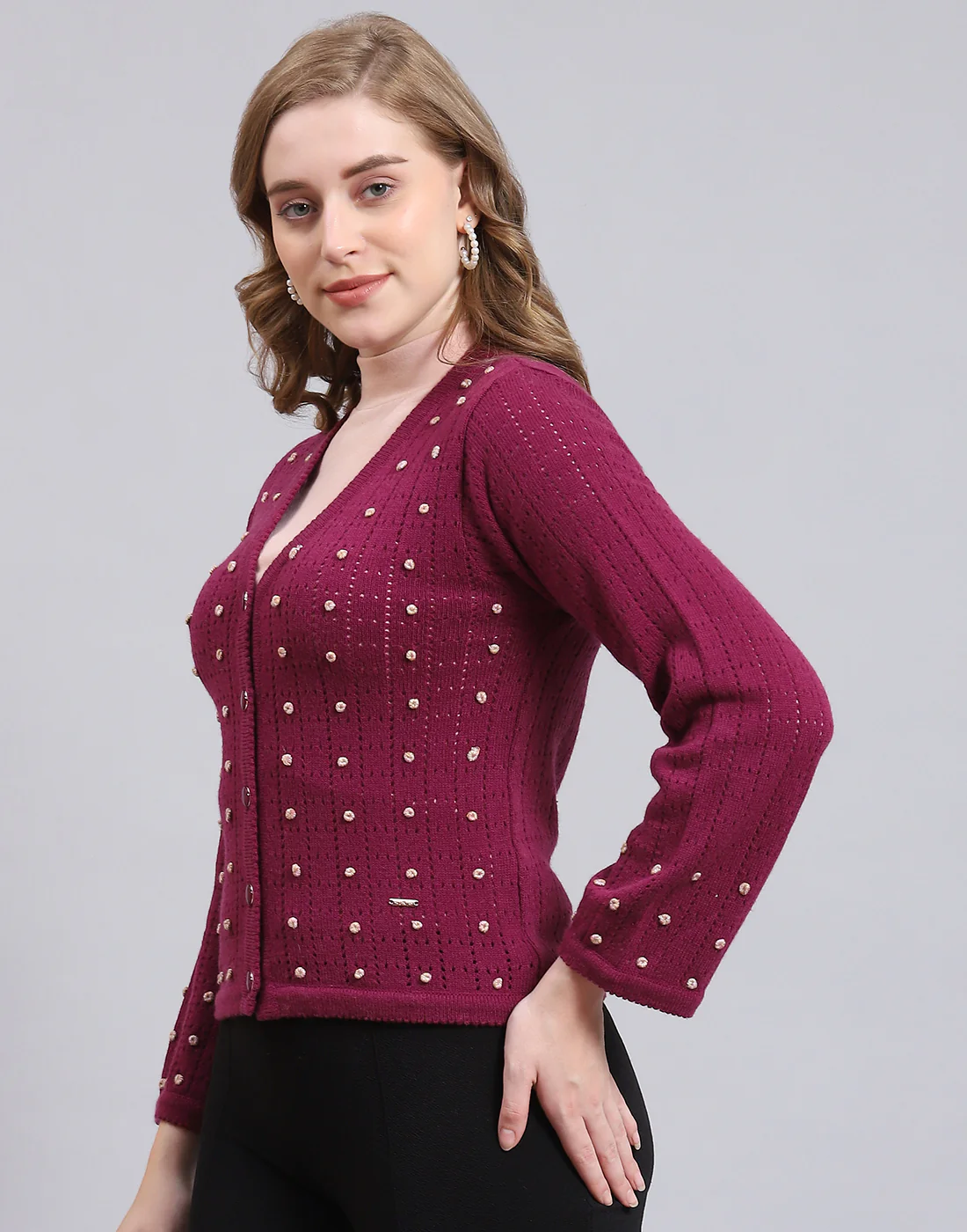 Women Purple Self Design V Neck Full Sleeve Cardigan - Image 3