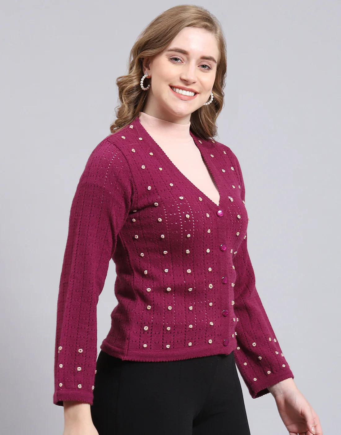 Women Purple Self Design V Neck Full Sleeve Cardigan - Image 4