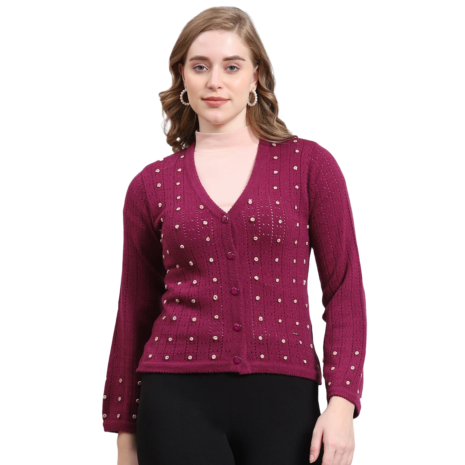 Women Purple Self Design V Neck Full Sleeve Cardigan - Image 5