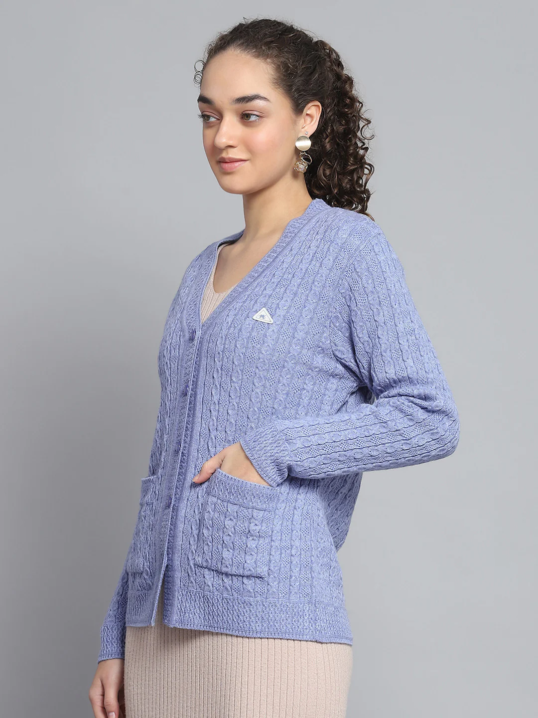 Women Purple Self Design V Neck Full Sleeve Cardigan - Image 3