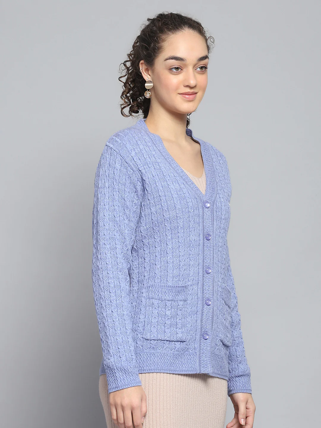 Women Purple Self Design V Neck Full Sleeve Cardigan - Image 4