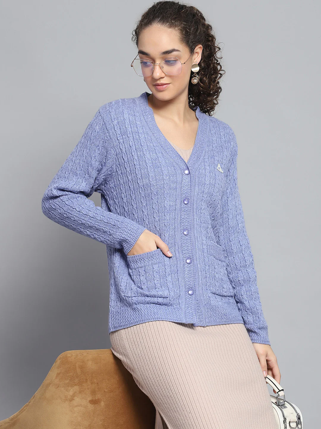 Women Purple Self Design V Neck Full Sleeve Cardigan - Image 6
