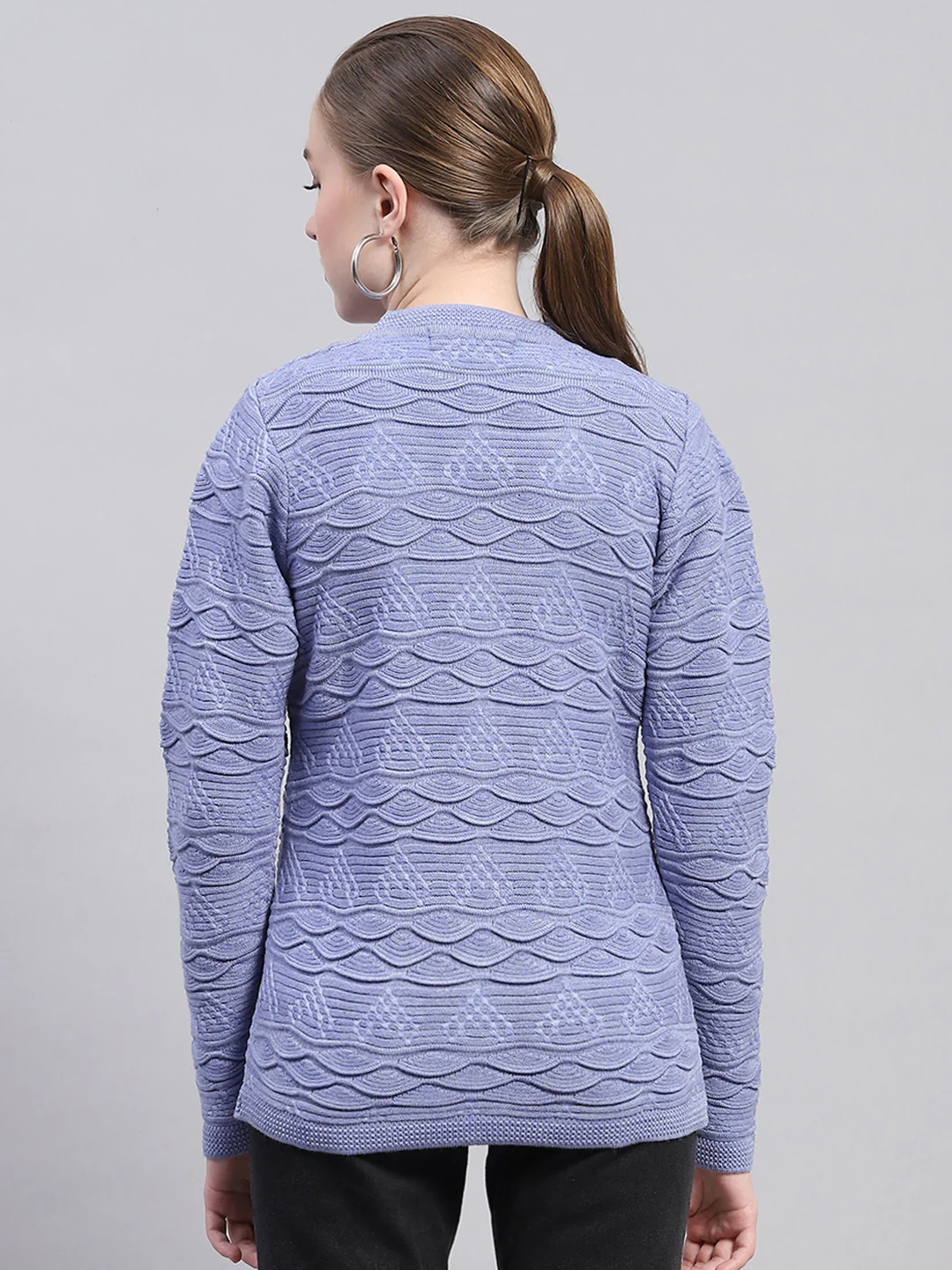 Women Purple Self Design V Neck Full Sleeve Cardigan - Image 4