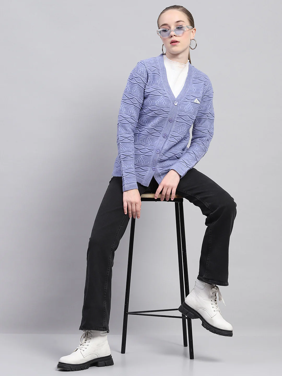 Women Purple Self Design V Neck Full Sleeve Cardigan - Image 5