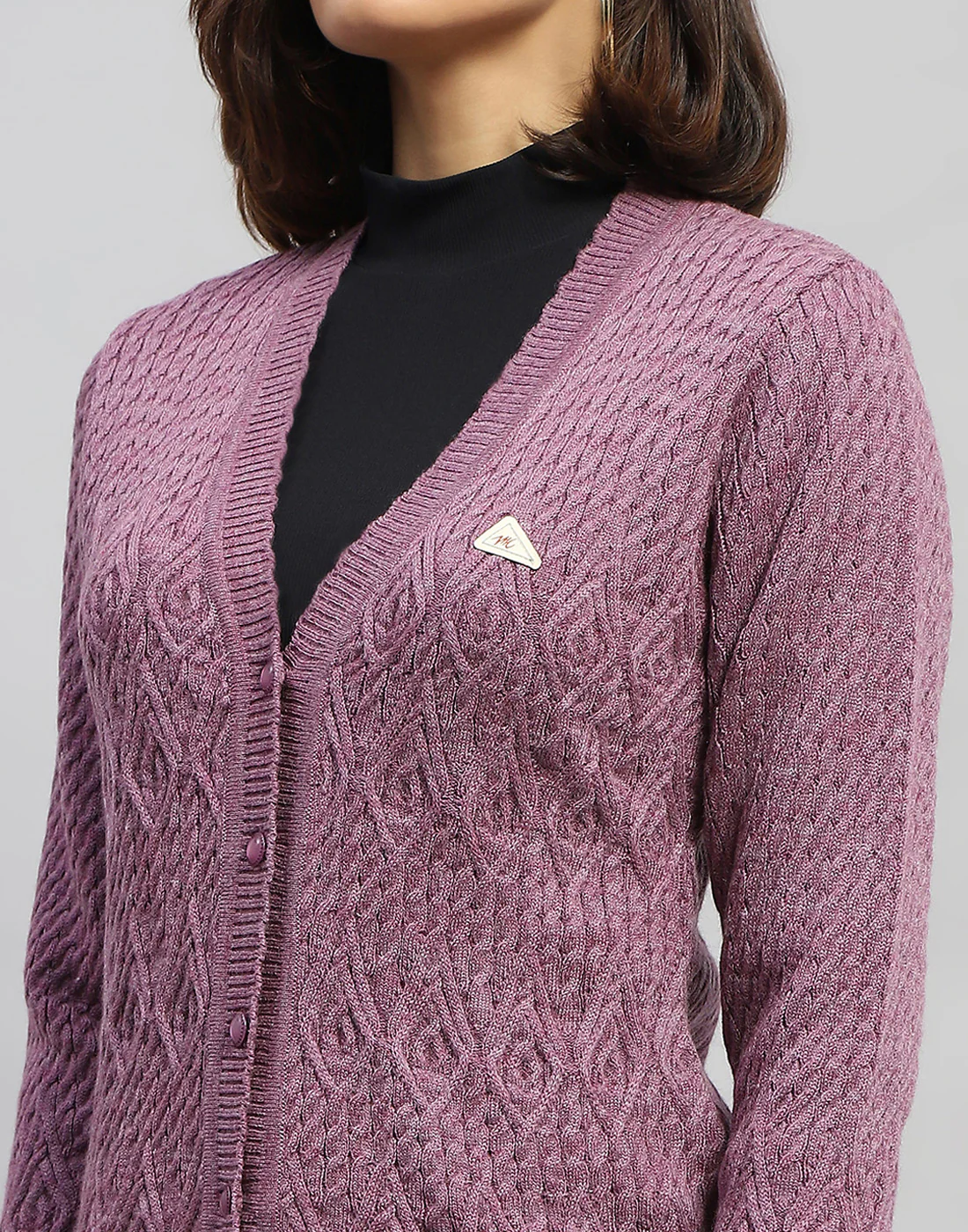 Women Purple Self Design V Neck Full Sleeve Cardigan - Image 6