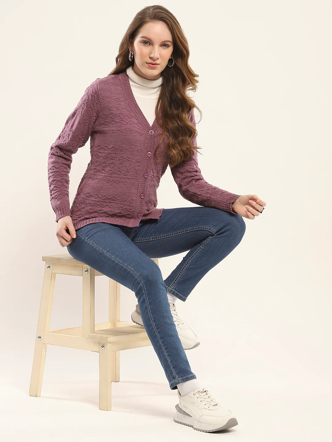Women Purple Self Design V Neck Full Sleeve Cardigan - Image 2