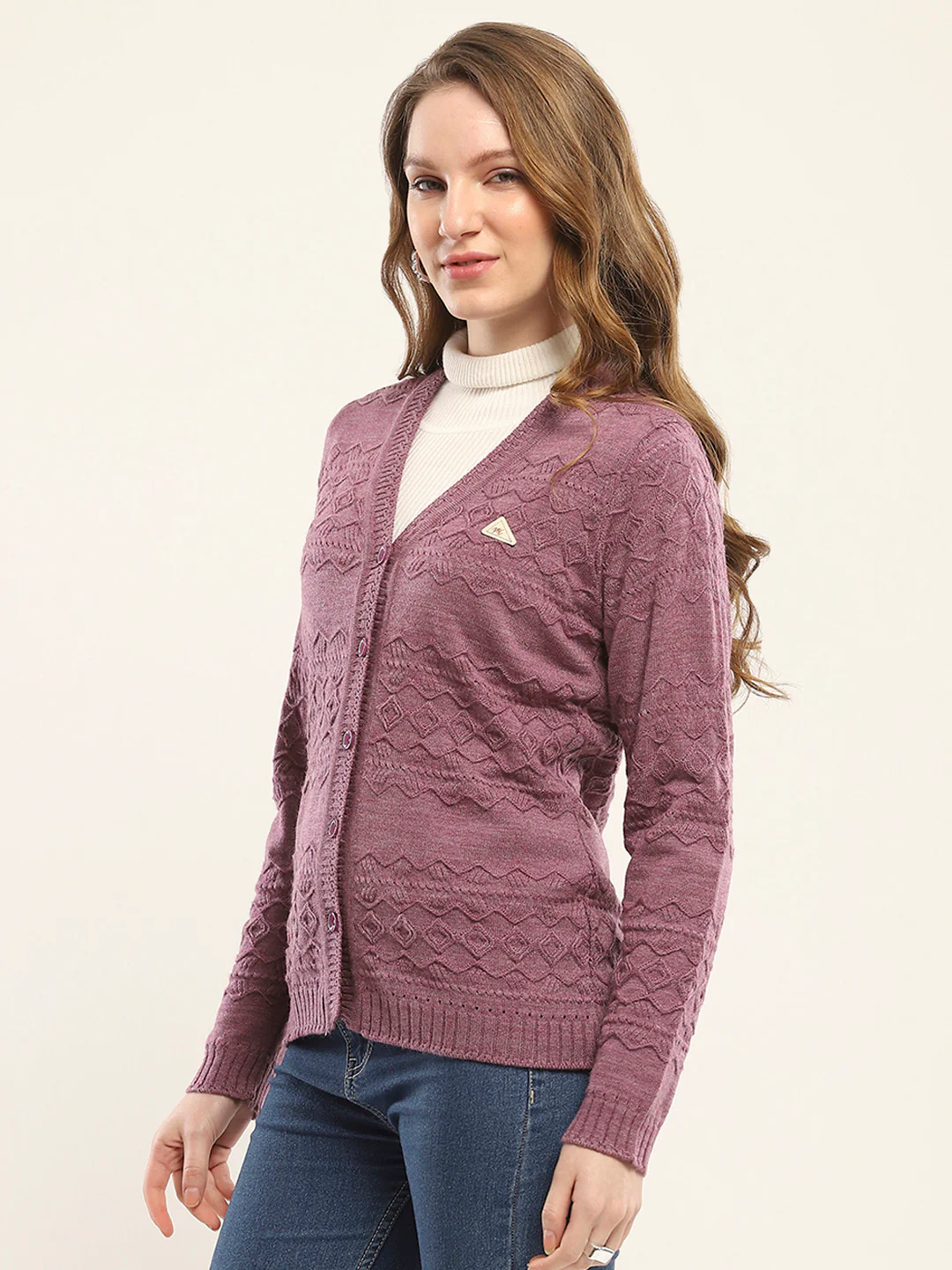 Women Purple Self Design V Neck Full Sleeve Cardigan - Image 3
