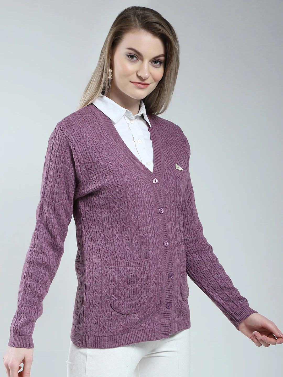 Women Purple Self Design V Neck Full Sleeve Cardigan - Image 4