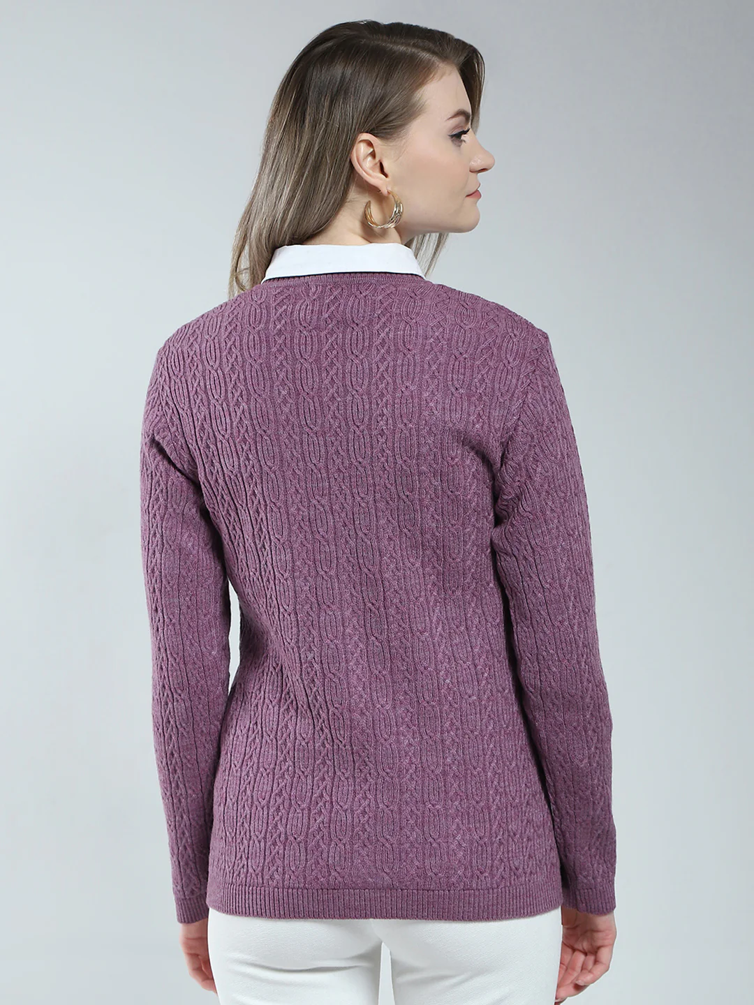 Women Purple Self Design V Neck Full Sleeve Cardigan - Image 5