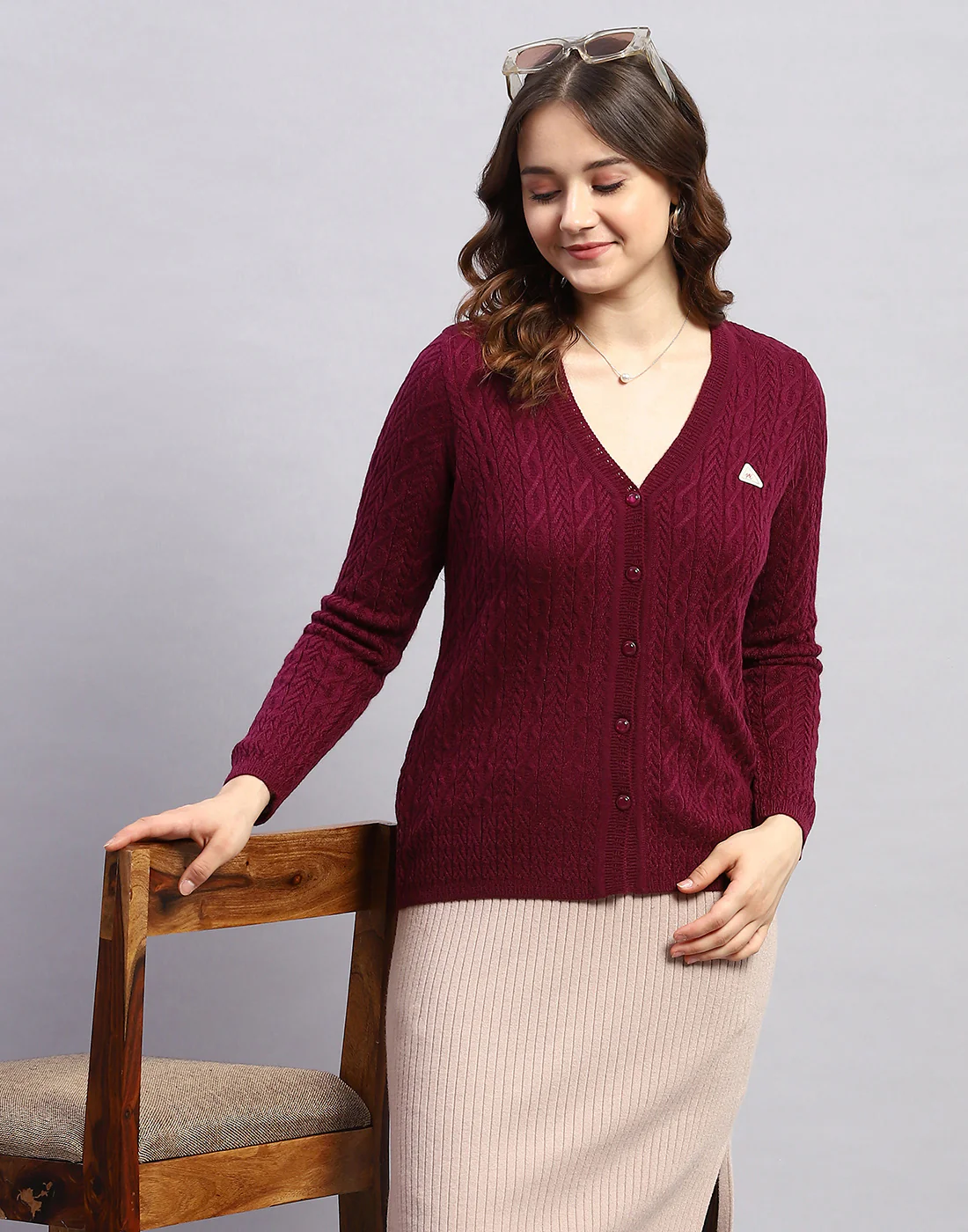Women Purple Self Design V Neck Full Sleeve Cardigan - Image 7