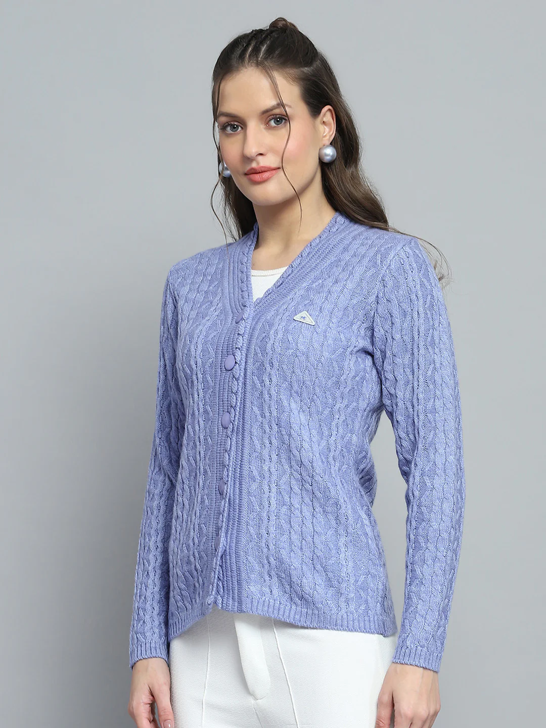 Women Purple Self Design V Neck Full Sleeve Cardigan - Image 3