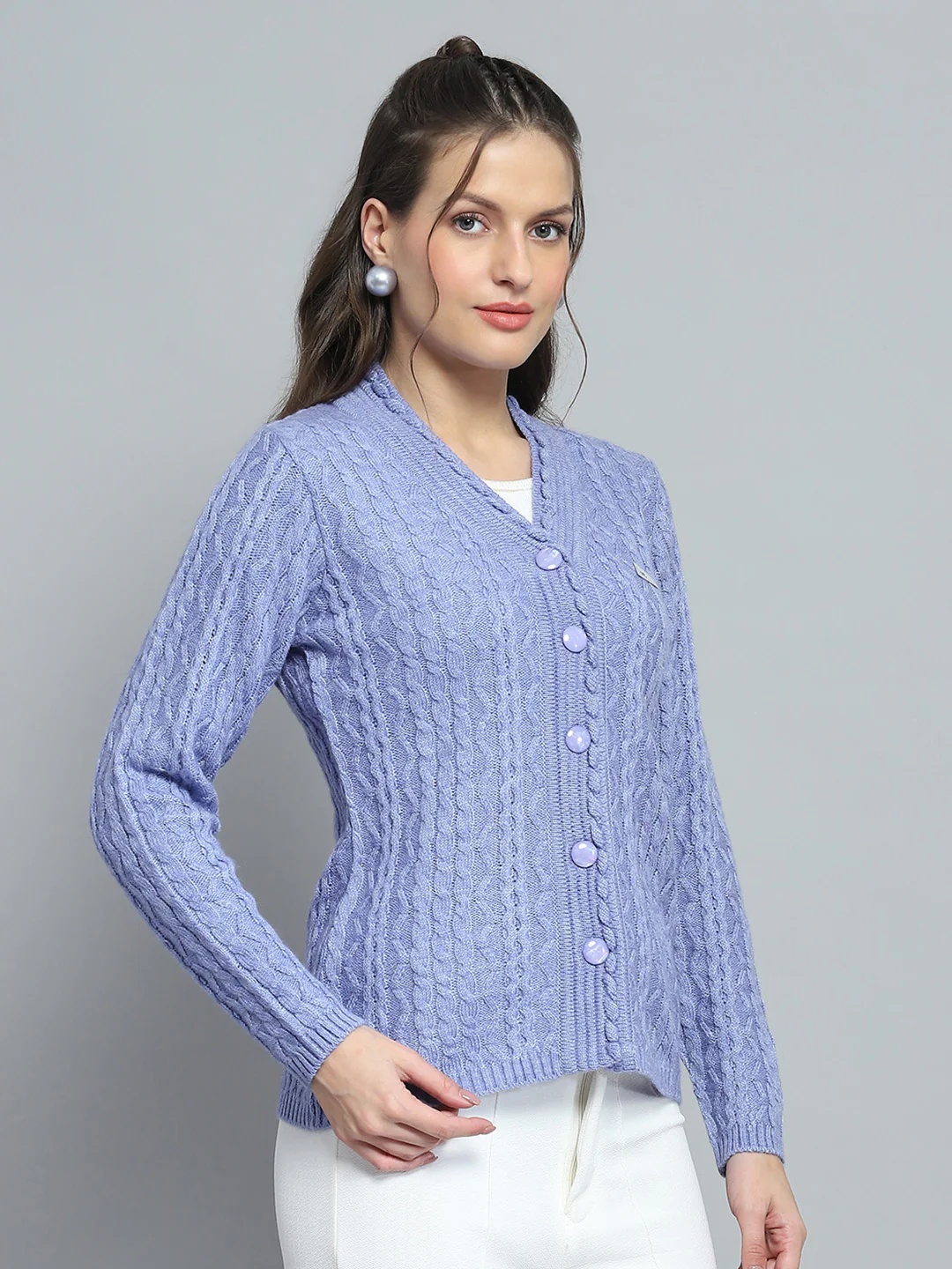 Women Purple Self Design V Neck Full Sleeve Cardigan - Image 4
