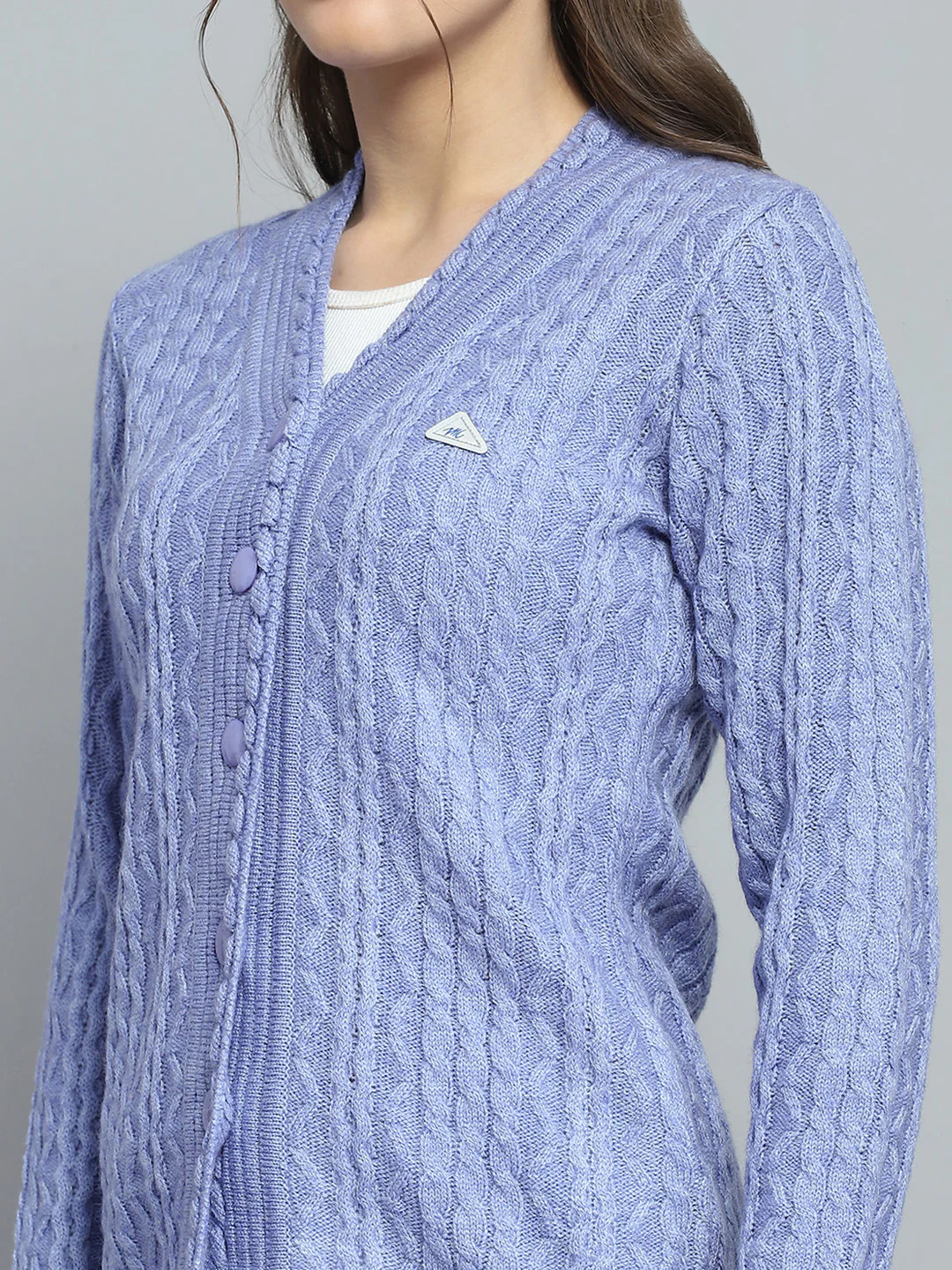 Women Purple Self Design V Neck Full Sleeve Cardigan - Image 7