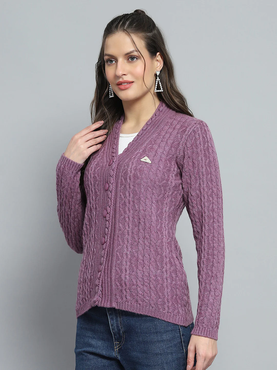 Women Purple Self Design V Neck Full Sleeve Cardigan - Image 3
