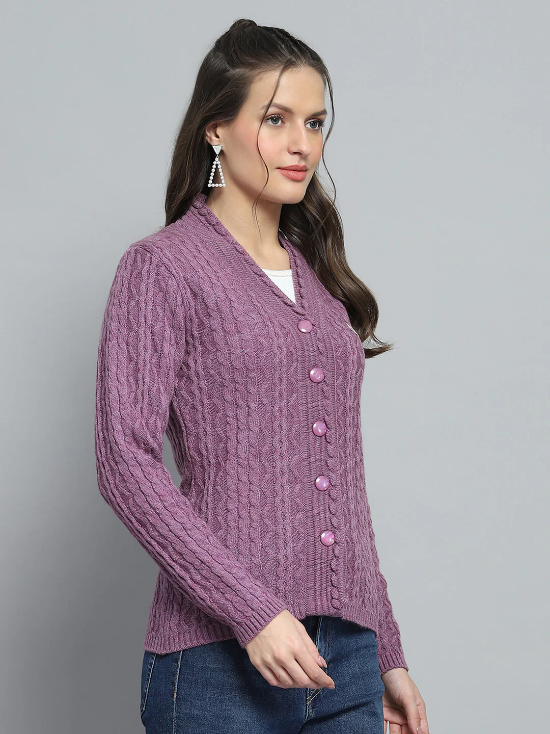 Women Purple Self Design V Neck Full Sleeve Cardigan - Image 4