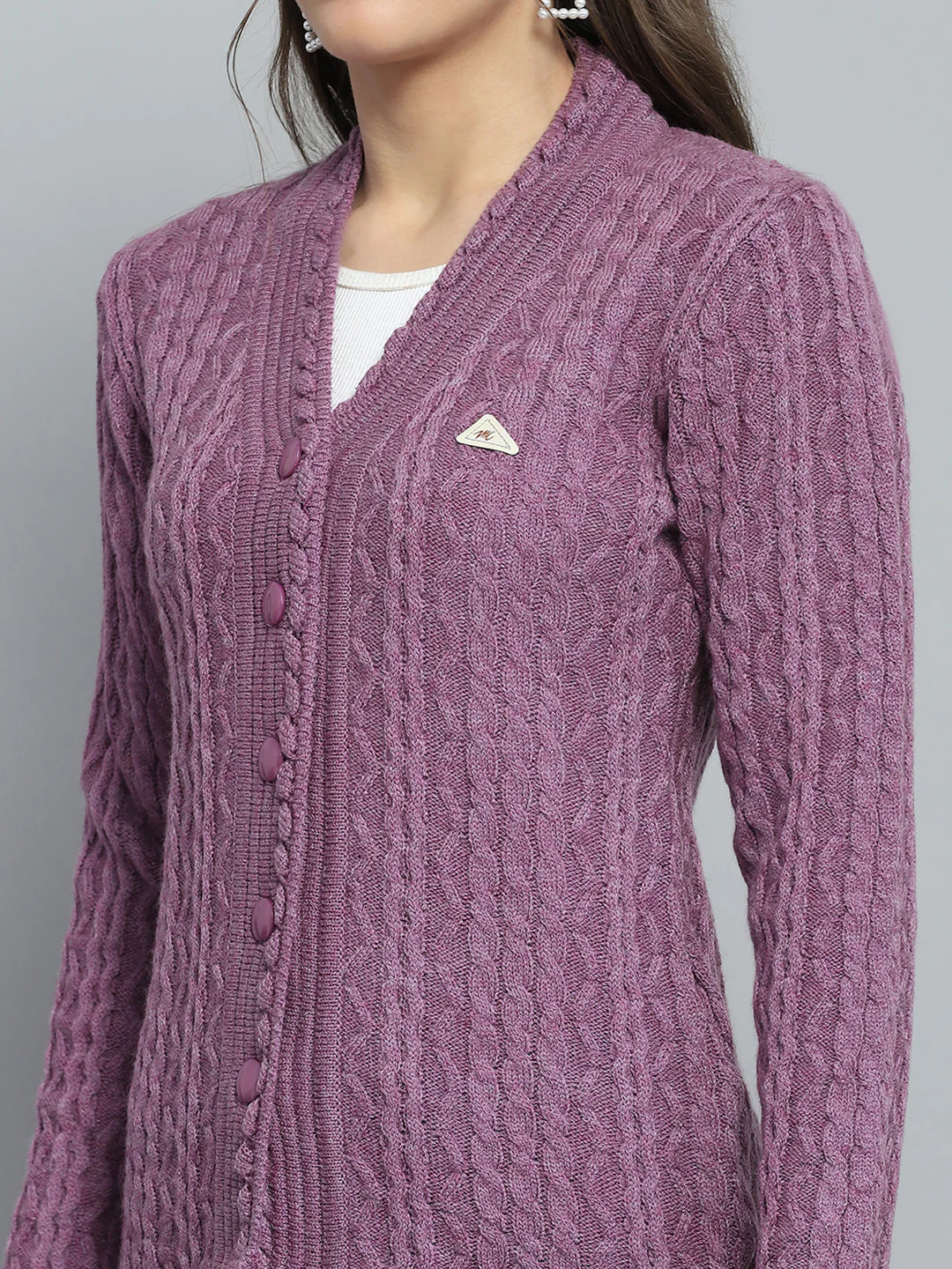 Women Purple Self Design V Neck Full Sleeve Cardigan - Image 6