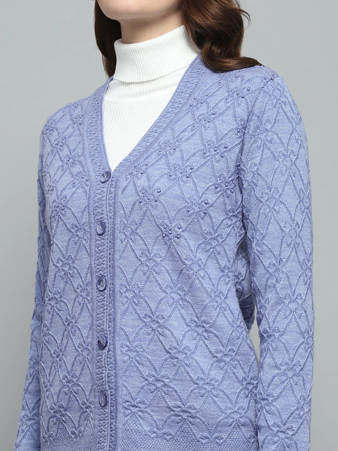Women Purple Self Design V Neck Full Sleeve Cardigan - Image 6