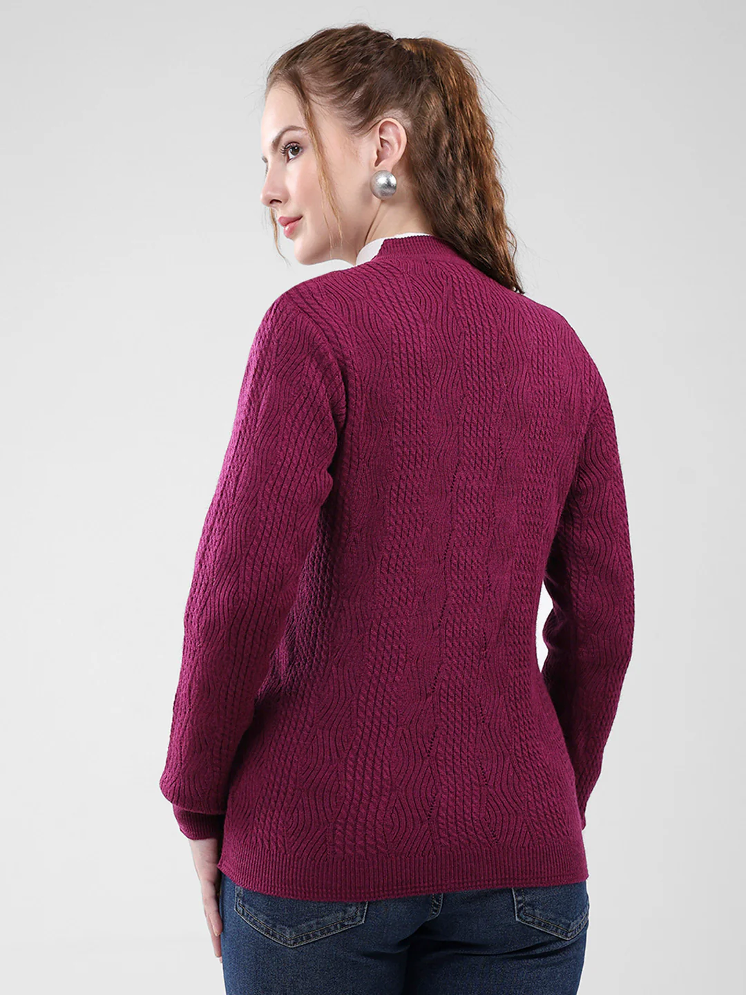 Women Purple Self Design V Neck Full Sleeve Cardigan - Image 5