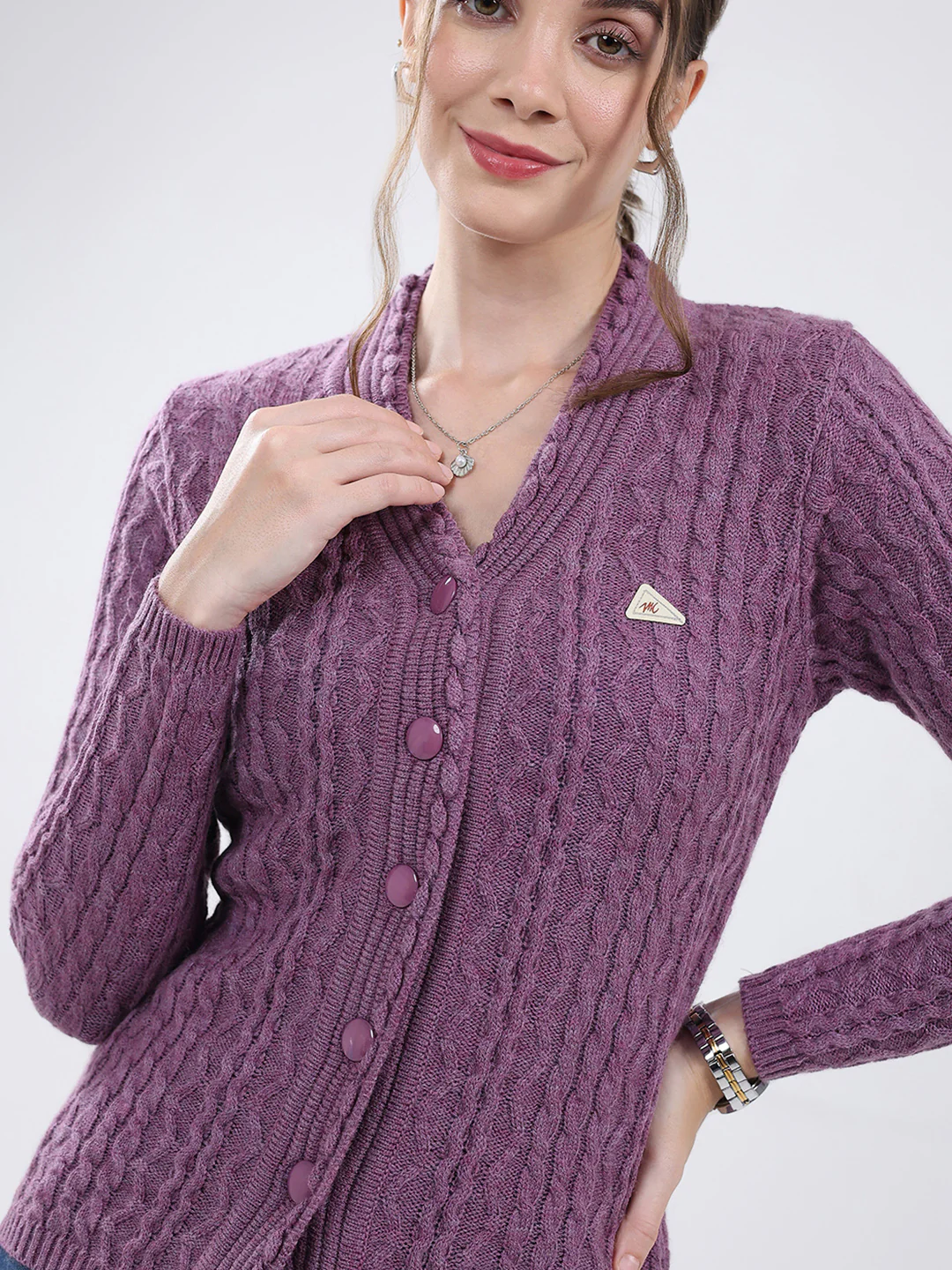 Women Purple Self Design V Neck Full Sleeve Cardigan - Image 7