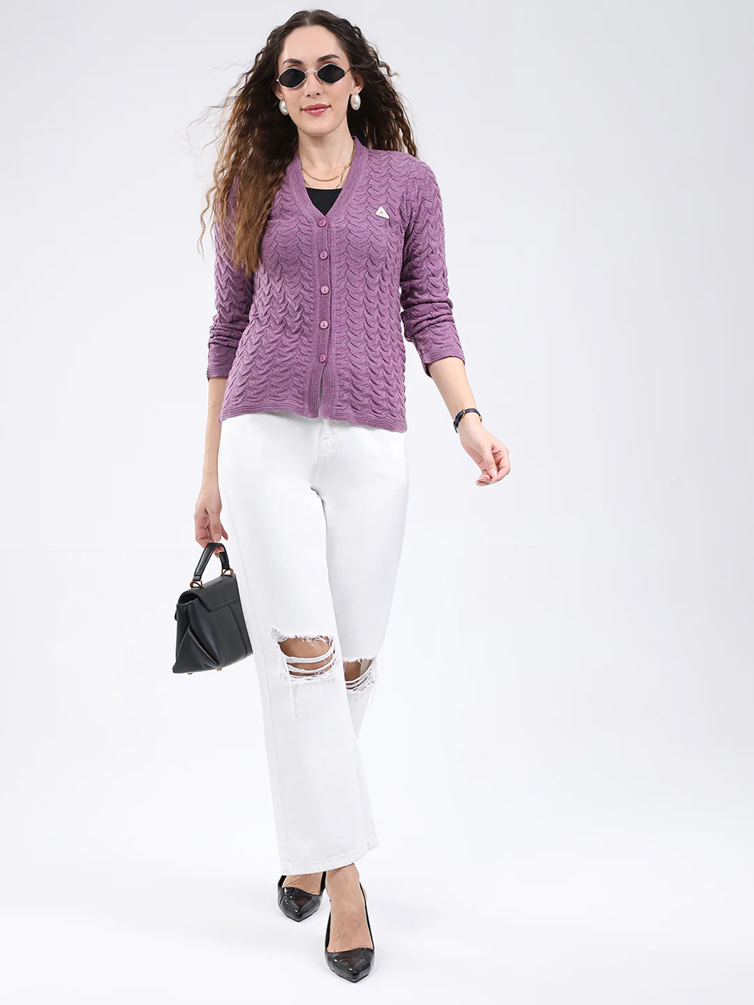 Women Purple Self Design V Neck Full Sleeve Cardigan - Image 2