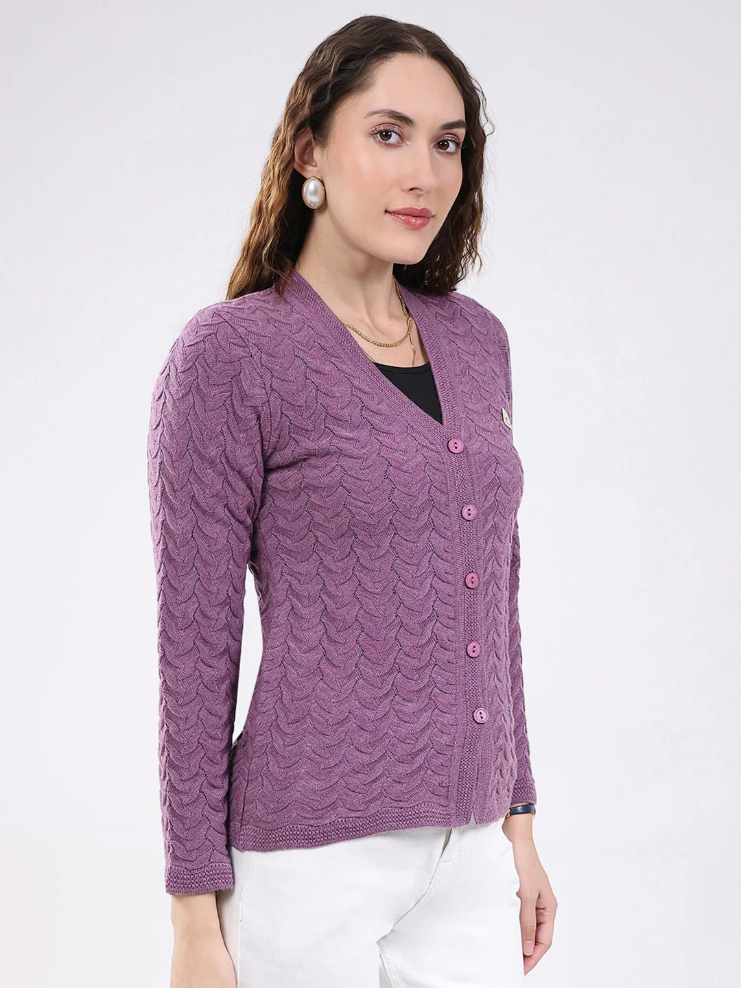Women Purple Self Design V Neck Full Sleeve Cardigan - Image 4