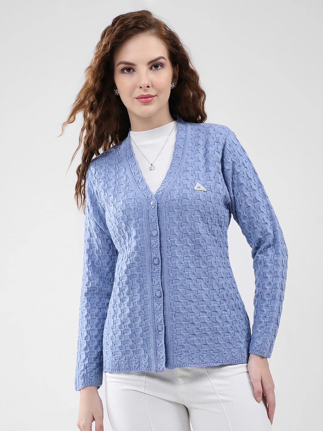 Women Purple Self Design V Neck Full Sleeve Cardigan