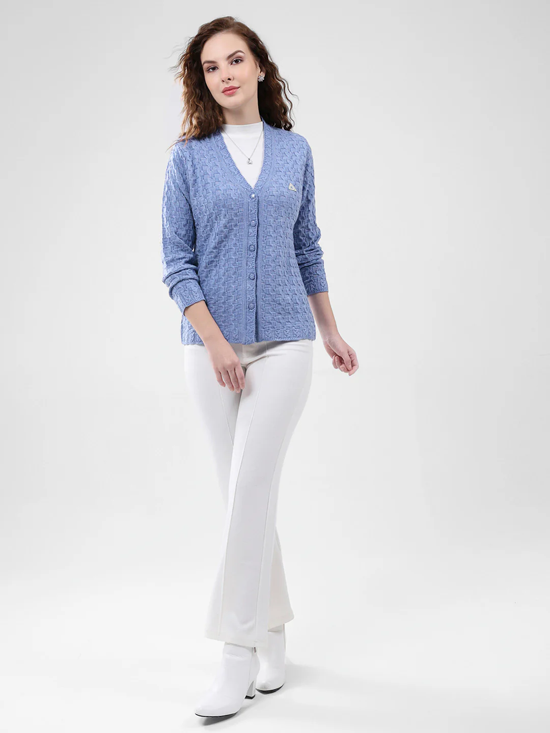 Women Purple Self Design V Neck Full Sleeve Cardigan - Image 2
