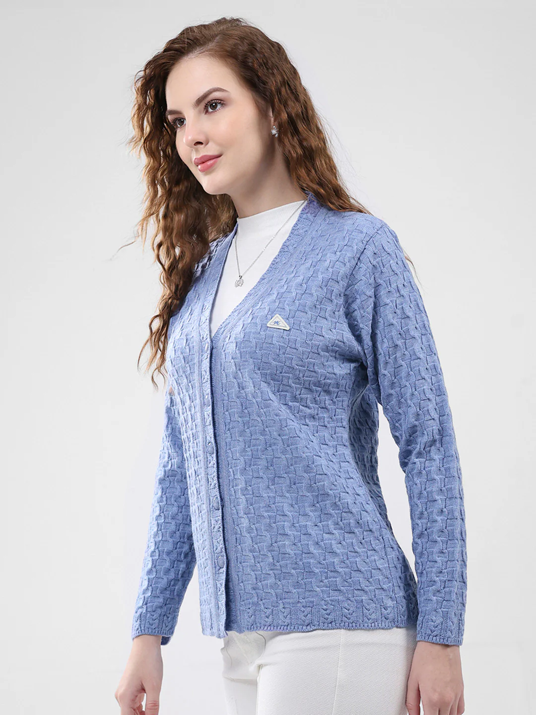 Women Purple Self Design V Neck Full Sleeve Cardigan - Image 3