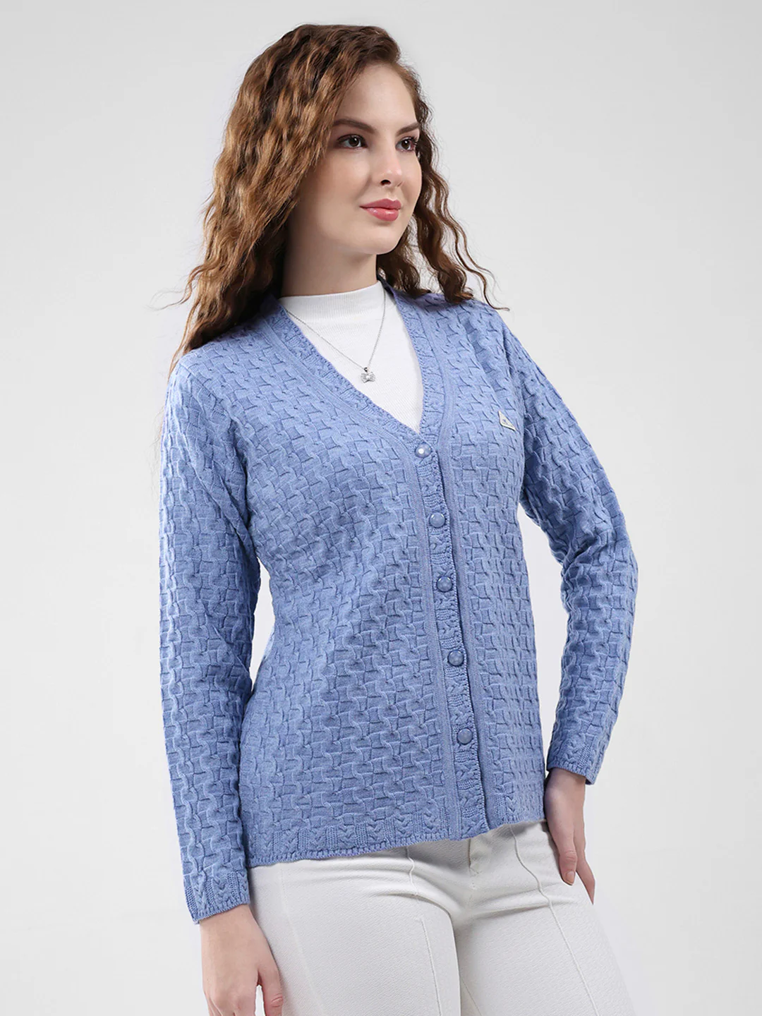 Women Purple Self Design V Neck Full Sleeve Cardigan - Image 4