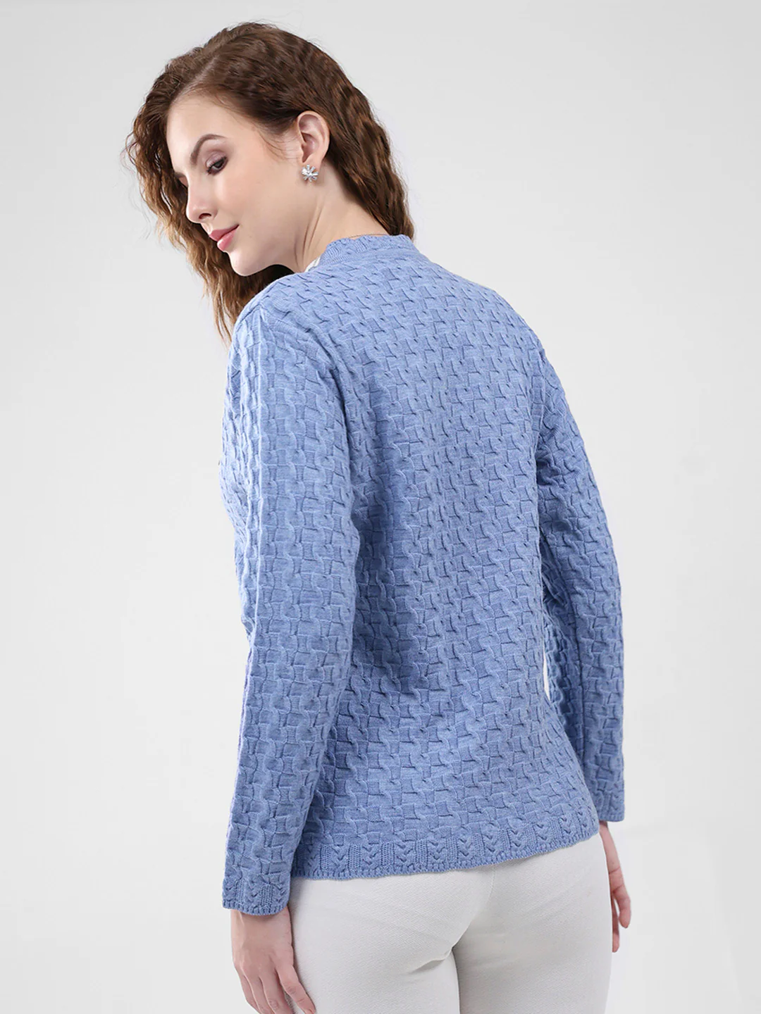 Women Purple Self Design V Neck Full Sleeve Cardigan - Image 5
