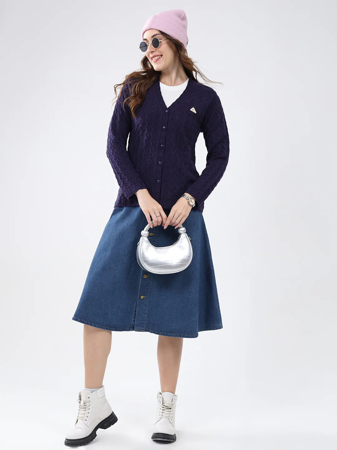 Women Purple Self Design V Neck Full Sleeve Cardigan - Image 2