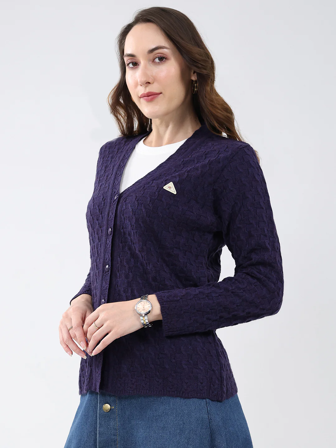 Women Purple Self Design V Neck Full Sleeve Cardigan - Image 3