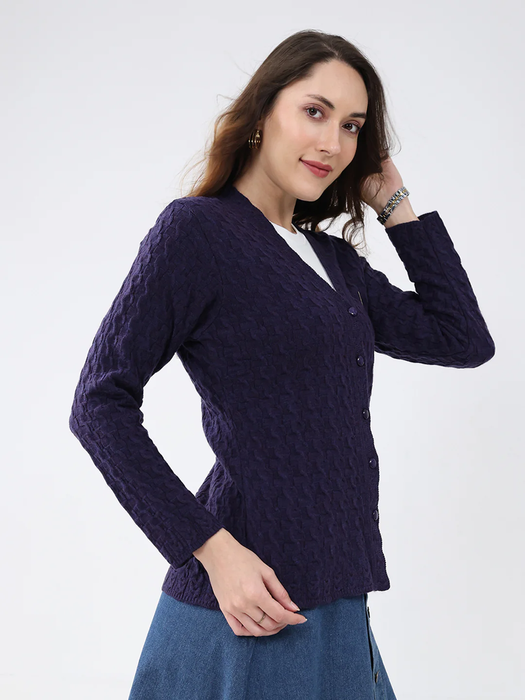 Women Purple Self Design V Neck Full Sleeve Cardigan - Image 4