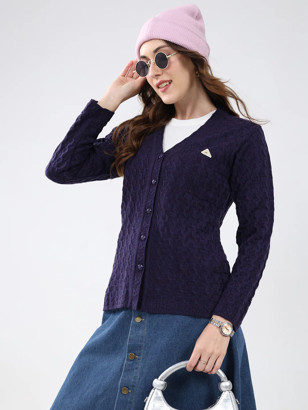 Women Purple Self Design V Neck Full Sleeve Cardigan - Image 6