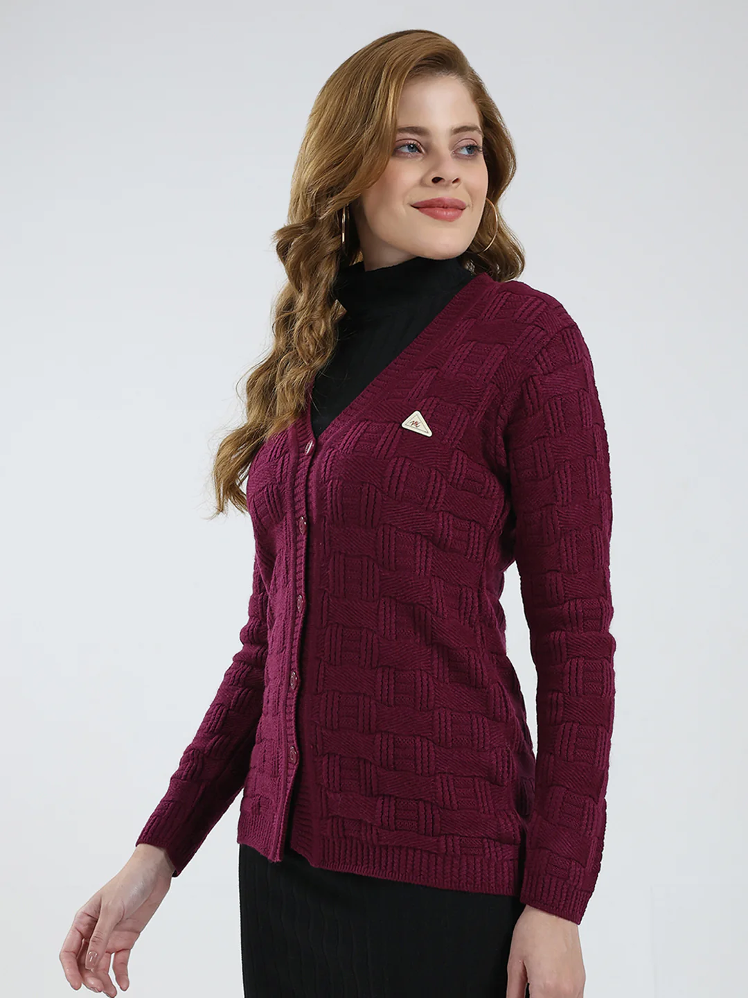 Women Purple Self Design V Neck Full Sleeve Cardigan - Image 3