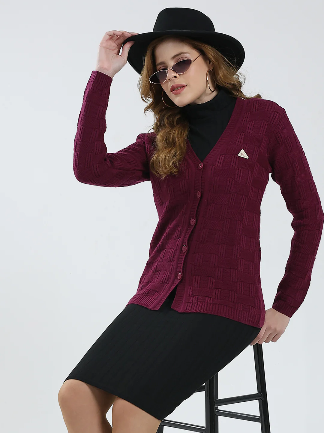 Women Purple Self Design V Neck Full Sleeve Cardigan - Image 6