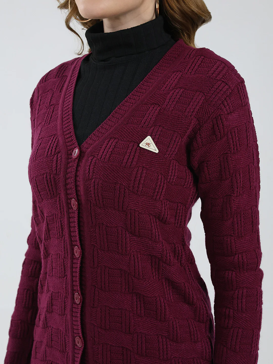Women Purple Self Design V Neck Full Sleeve Cardigan - Image 7