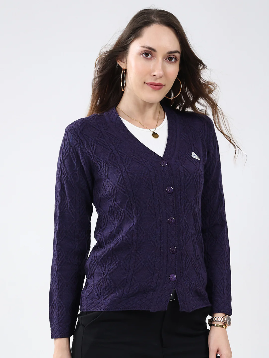 Women Purple Self Design V Neck Full Sleeve Cardigan - Image 4