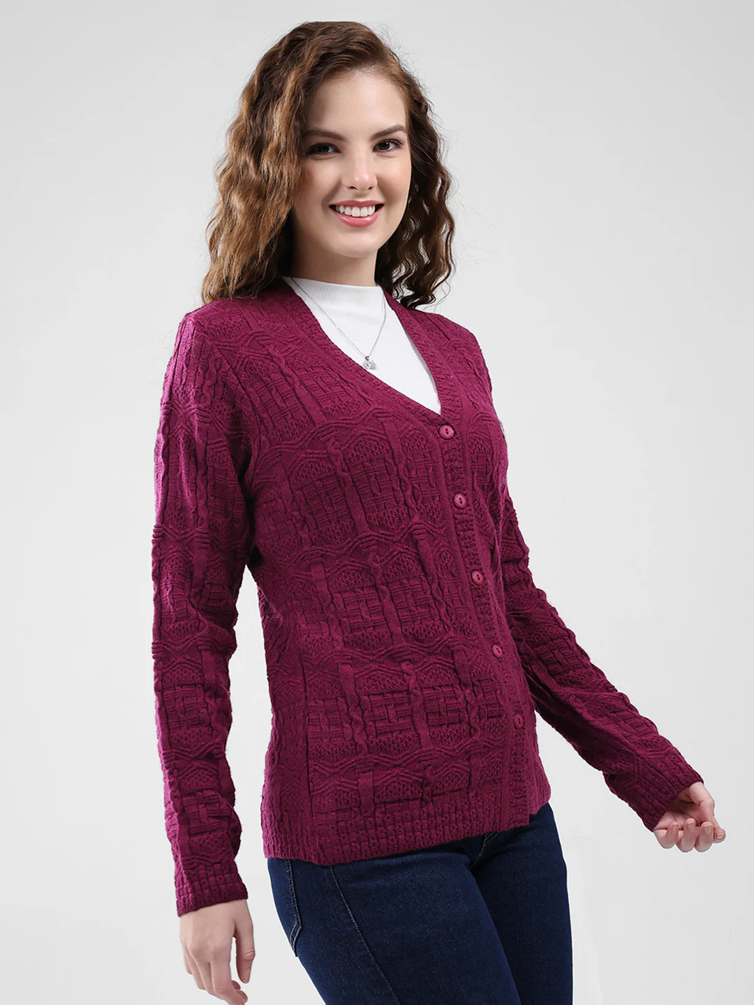 Women Purple Self Design V Neck Full Sleeve Cardigan - Image 4