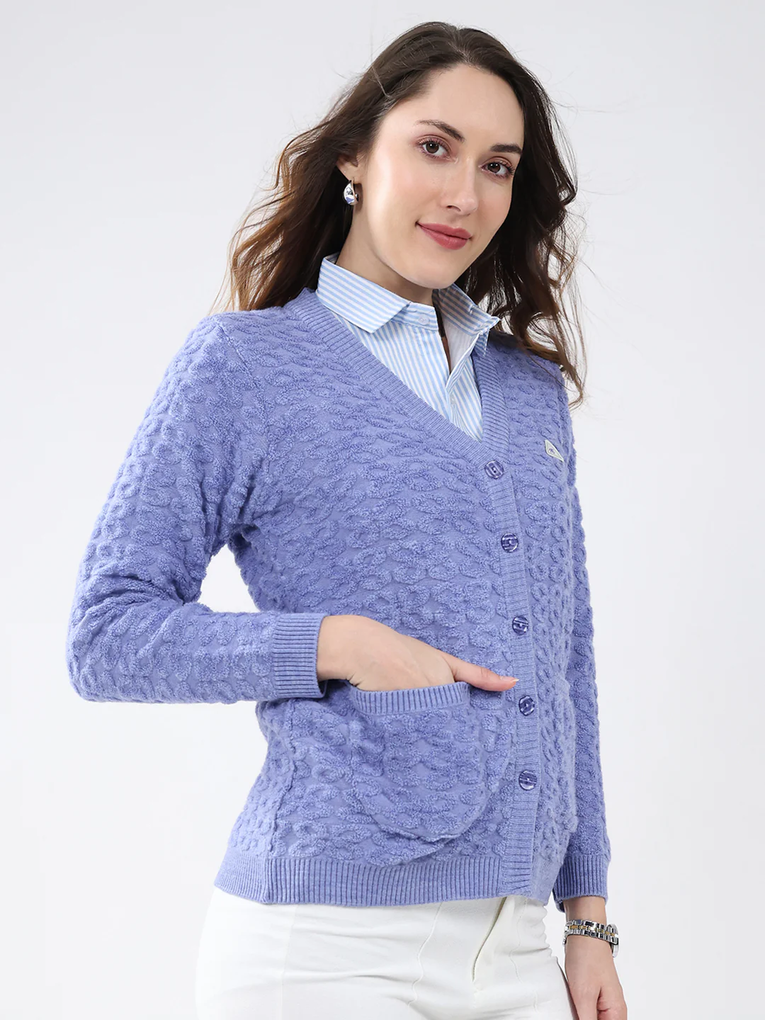 Women Purple Self Design V Neck Full Sleeve Cardigan - Image 4