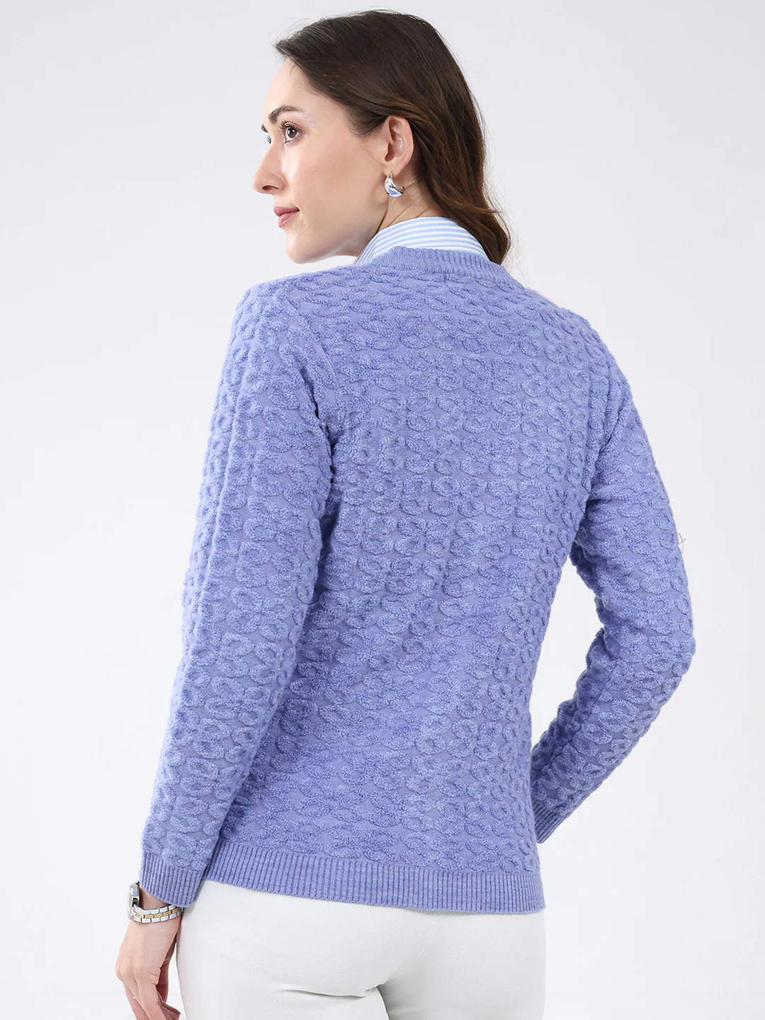 Women Purple Self Design V Neck Full Sleeve Cardigan - Image 5