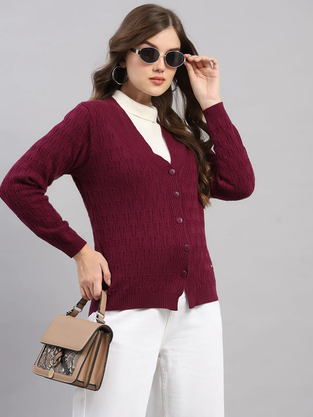Women Purple Self Design V Neck Full Sleeve Cardigan - Image 6