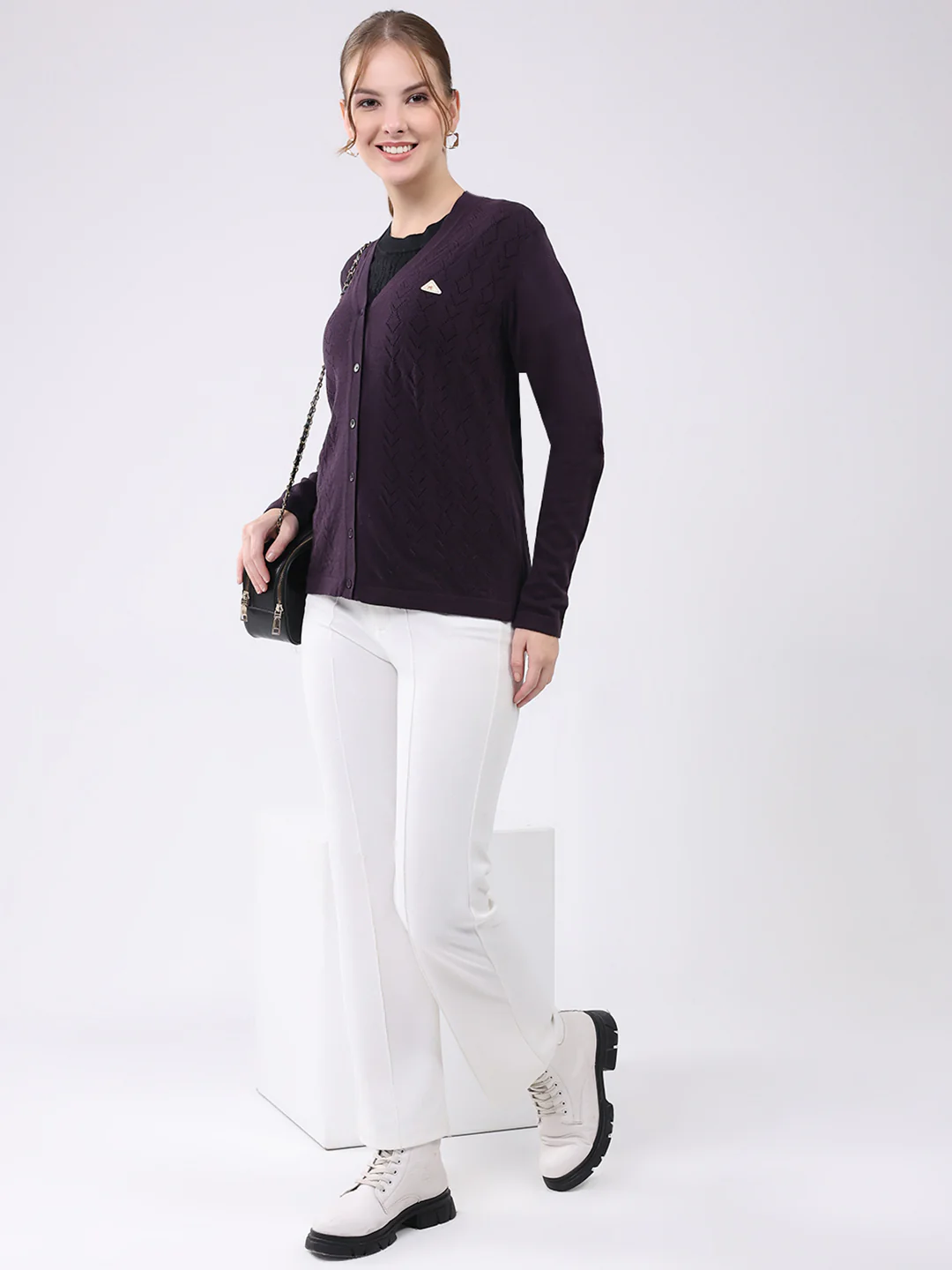 Women Purple Self Design V Neck Full Sleeve Cardigan - Image 2