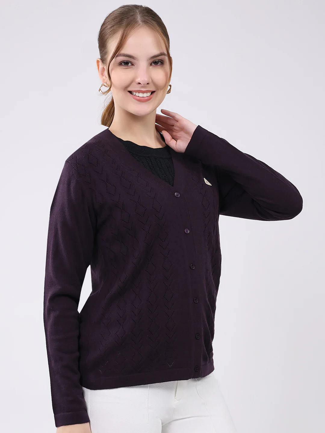 Women Purple Self Design V Neck Full Sleeve Cardigan - Image 4
