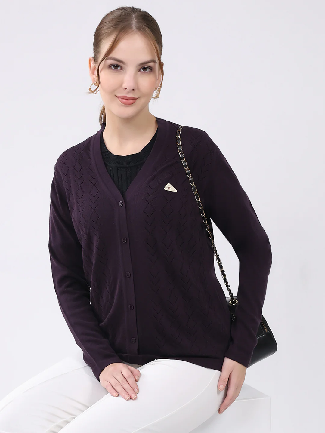 Women Purple Self Design V Neck Full Sleeve Cardigan - Image 6